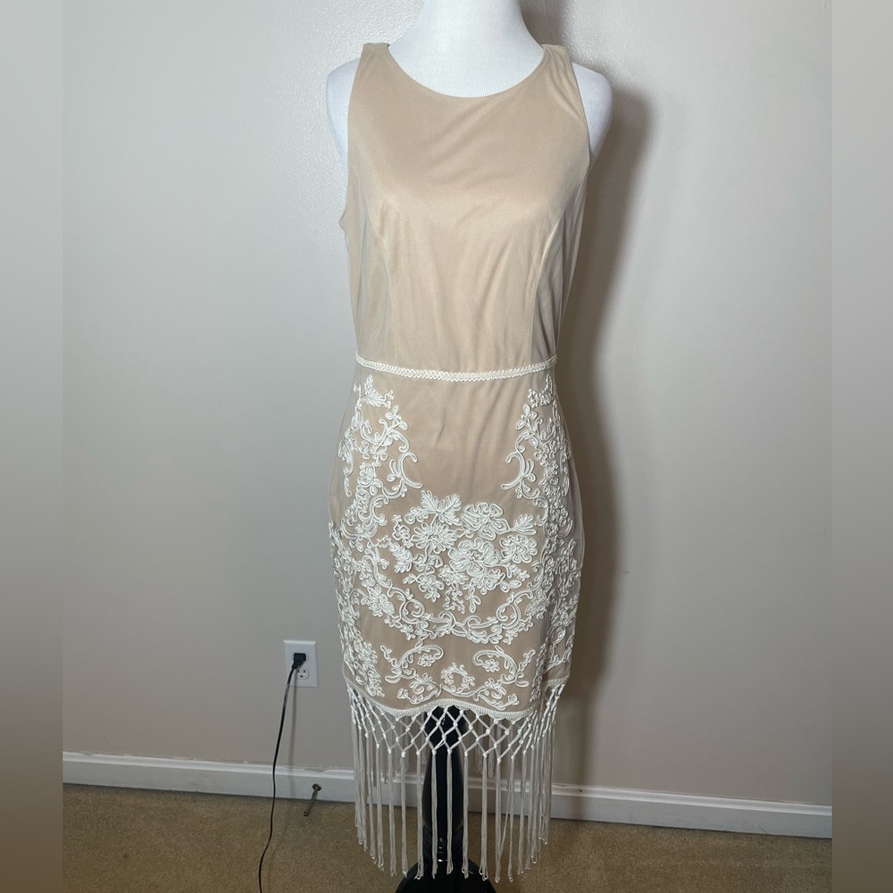 NWT Badgley Mischka Fringe Nude and Cream Embroidered Dress - Size 8
